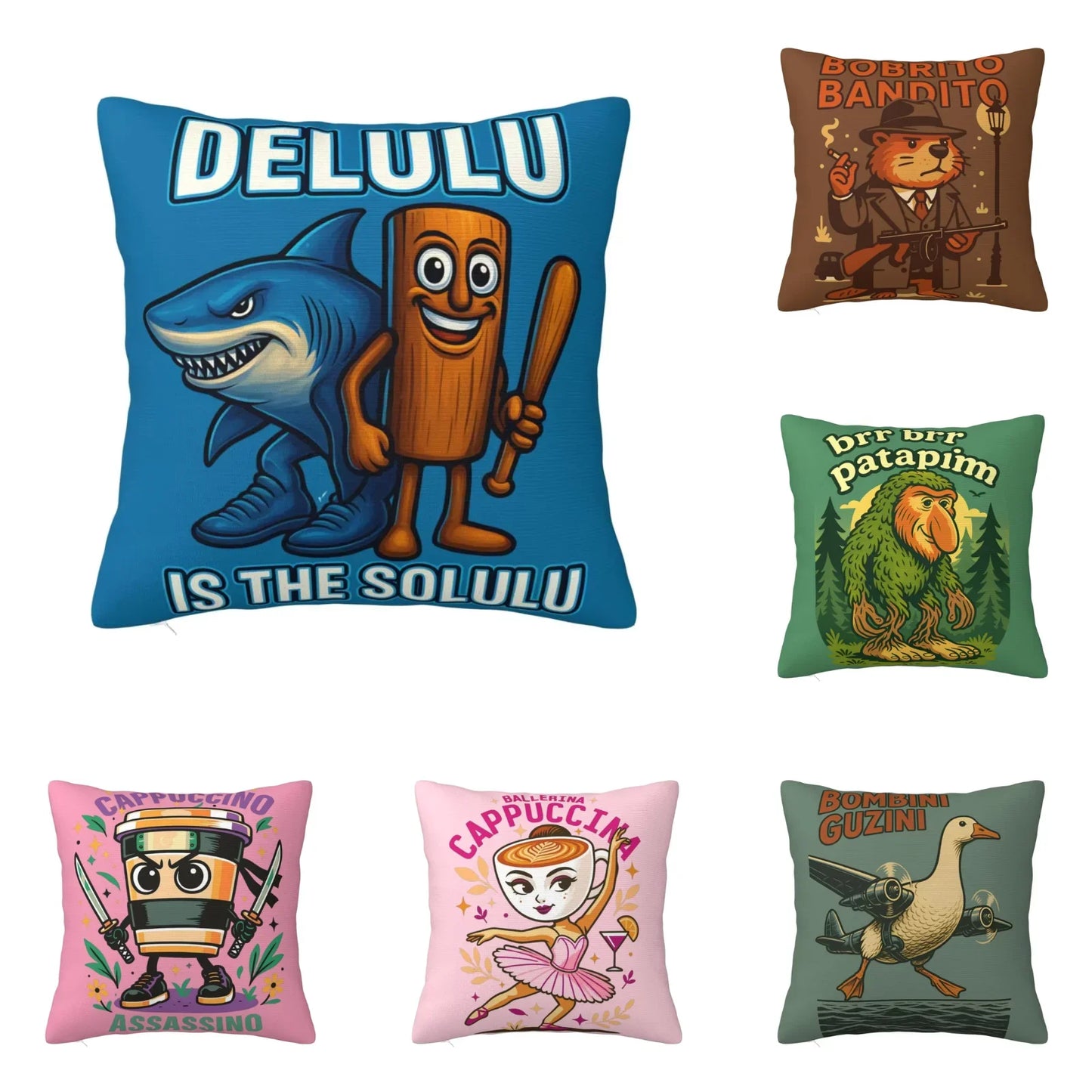 Brainrot Meme Italian Brain Rot Tung Tung Tung Sahu  Pillow Case Cushion Polyester Pillow Cover Morden For Sofa Car Home Decor