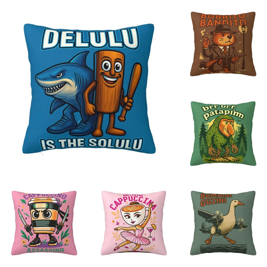 Brainrot Meme Italian Brain Rot Tung Tung Tung Sahu  Pillow Case Cushion Polyester Pillow Cover Morden For Sofa Car Home Decor