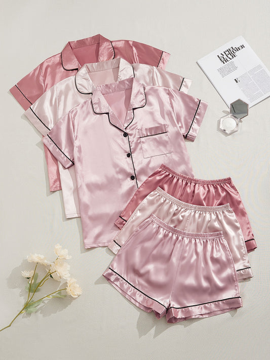 [3 Suits | Multicolor] 3 Suits | Multicolor Short-sleeved Shorts Satin PJ Set Women's Two-piece Solid Color Imitation Y